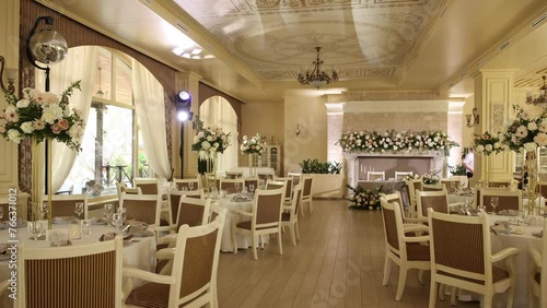 banquet hall in a restaurant with decor for a wedding photo