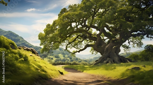 A majestic old oak tree standing tall amidst a sea of lush greenery  its branches reaching towards the sky.