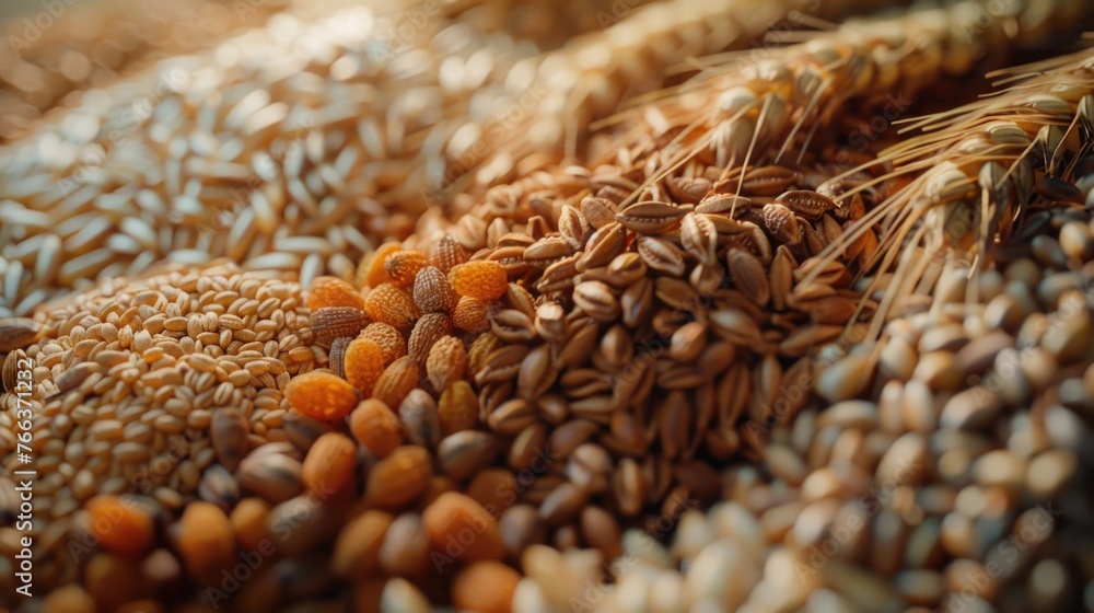 Obraz premium A close up of various grains of wheat and other grains. The grains are spread out and appear to be of different sizes and shapes. Concept of abundance and variety