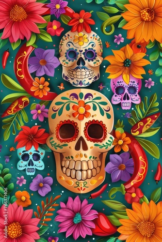 A colorful and vibrant floral design with two skulls in the center. The skulls are decorated with flowers and leaves  and the overall mood of the image is festive and celebratory