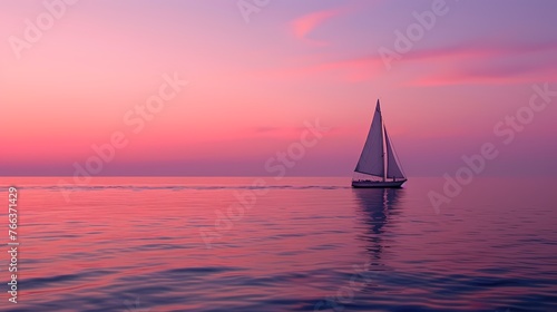 A lone sailboat on a vast and tranquil ocean, with the sky painted in hues of pink and purple during a serene sunset.