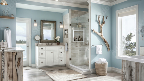 A contemporary coastal bathroom with light blue walls, driftwood accents, and a glass-enclosed shower