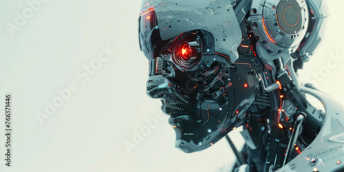 A robot with red eyes and a metallic face. The robot is wearing headphones and has a metallic body