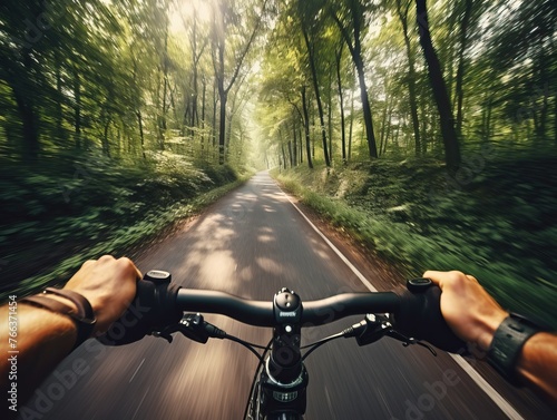 First-person view of a cyclist riding along a scenic nature road