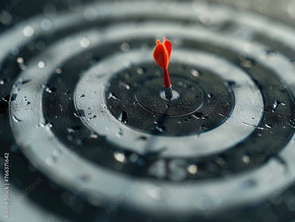 A red arrow is shot through a bullseye. The bullseye is surrounded by a circle of water A red arrow is shot through a bullseye. The bullseye is surrounded by a circle of water