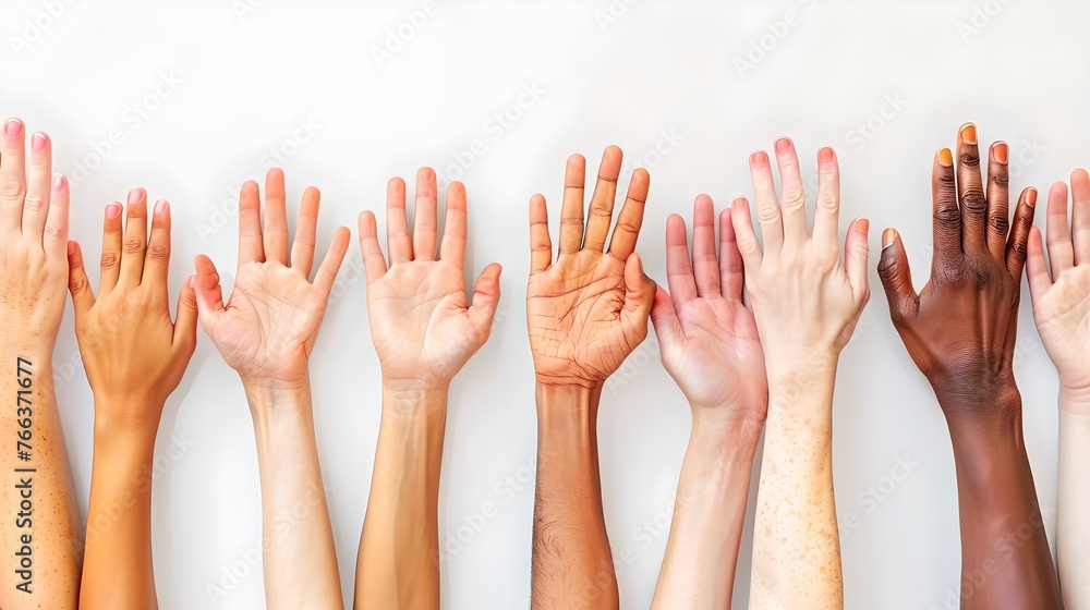 A Diverse Set of Hands Raised Up High On a White Background. Unity and Teamwork Concept. Suitable for Various Campaigns. Stock Photography. AI