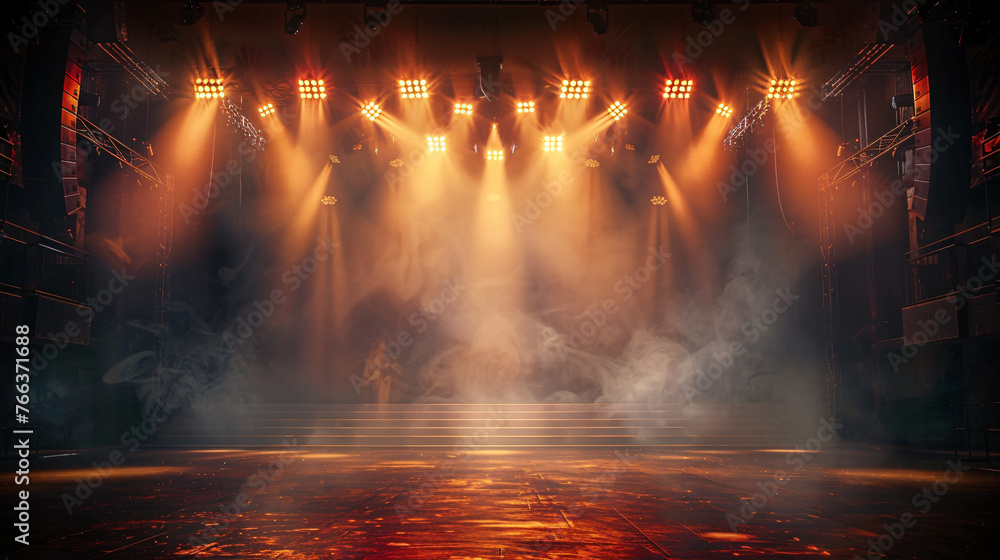 concert stage with illuminated spotlights and smoke. Stage background with copy space