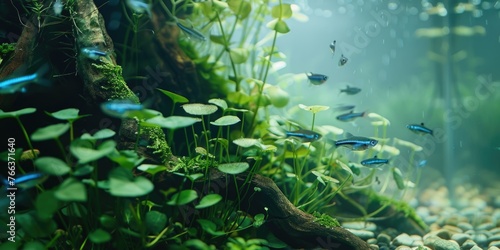 A group of fish swimming in a tank with green plants. The fish are small and blue. The tank is filled with rocks and plants, creating a natural environment for the fish