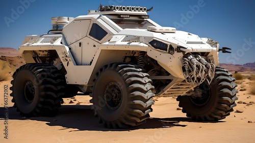 Futuristic all-terrain vehicle in desert setting. Conceptual design, ideal for extreme landscapes. A modern approach to exploration. AI