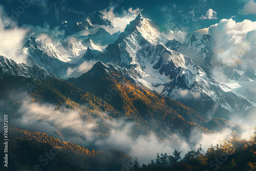 Spectacular scene of a snow mountain, a beautiful mount top inspiring mountains landscape background for a tourist travel poster ai generated illustration