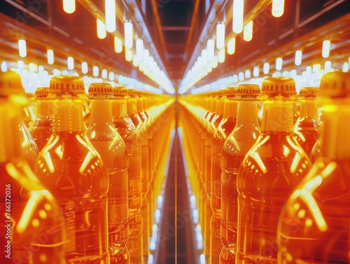 A row of bottles of beer are lined up in a row. The bottles are all the same color and are all facing the same direction