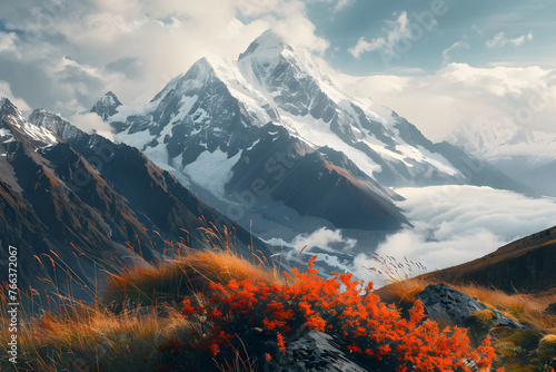 Majestic snow mountains peak, beautiful mount top inspiring landscape background ai generated