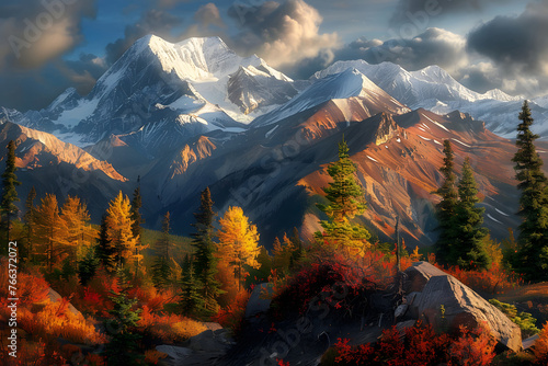 A beautiful scene of a snow mountains, a high mount top of alpinist inspiring mountains landscape background, ai generated illustration