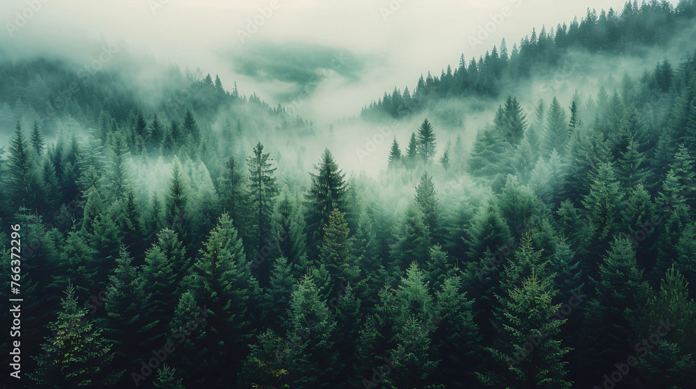 landscape with fir forest in vintage retro style. Generative AI