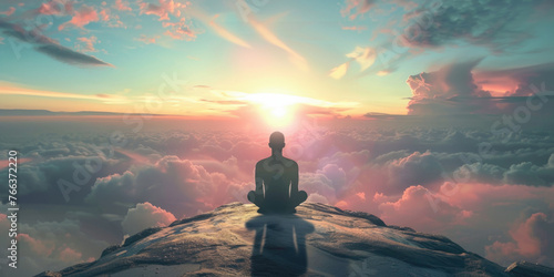 A man is sitting on a rock overlooking a beautiful sunset. The sky is filled with clouds, and the sun is setting in the distance. Concept of peace and tranquility