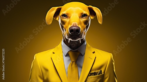 Surreal portrait of man in yellow three-piece suit with dog's head photo