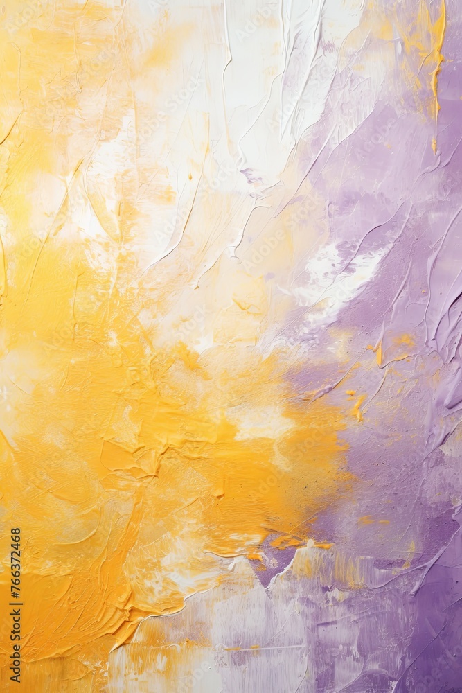 Splashes of bright paint on the canvas. mustard, lilac and white colors. Interior painting