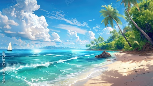 Idyllic Tropical Beach and Sea Landscape with Clear Blue Waters and Palm Trees