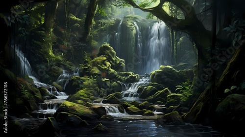 A hidden waterfall tucked away in the depths of the forest, surrounded by lush vegetation and moss-covered rocks.
