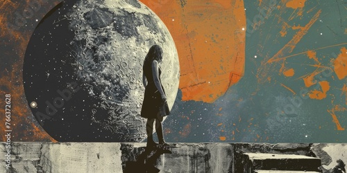 A woman stands on a ledge looking up at a large moon. The image has a dreamy, ethereal quality to it, with the woman and the moon appearing to be floating in space
