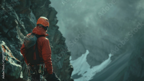 A man in a red jacket is standing on a mountain, looking out over a snowy landscape. Concept of adventure and exploration