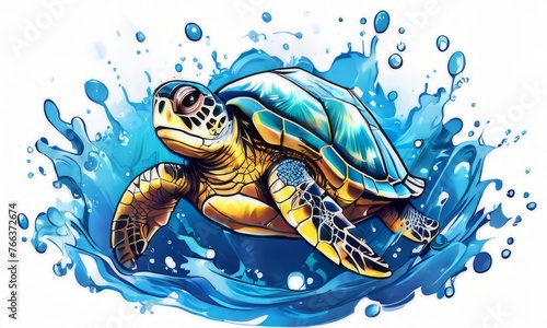 Serene turtle gracefully swimming through water amidst trail of bubbles. For fashion, clothing design, animal themed clothing advertising, as illustration for interesting clothing style,Tshirt design. photo