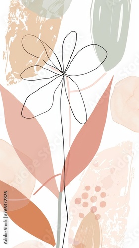 Abstract minimalistic scandinavian botanical art with warm color tones. A delicate composition of floral and foliage elements intertwined with abstract warm colored shapes and subtle brushstrokes