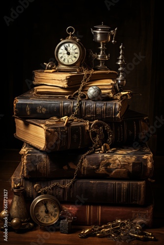 A still life composition featuring a stack of vintage books with a clock resting on top of them. The books are arranged neatly, with the clock standing out as a focal point