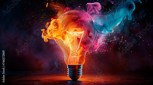 light bulb explodes with colorful paint and colors. New idea, brainstorming concept