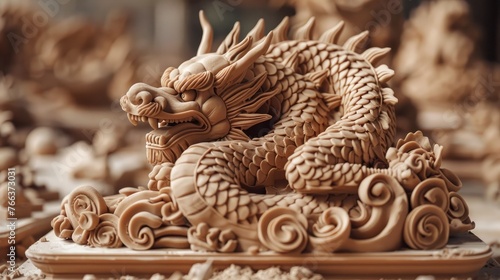 Exquisitely Carved Mythical Dragon Sculpture - Ornate Asian Craftsmanship