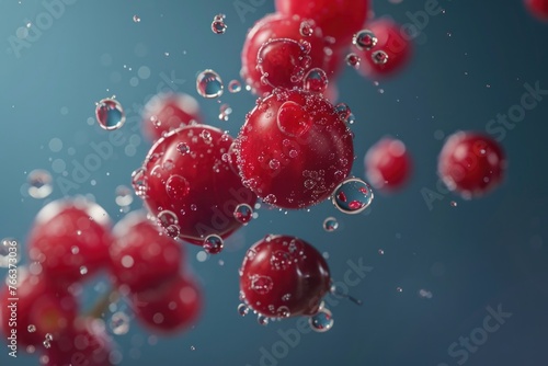 A close up of red cherries with water droplets surrounding them. The cherries are floating in the air, creating a sense of weightlessness and movement. The water droplets add a sense of depth