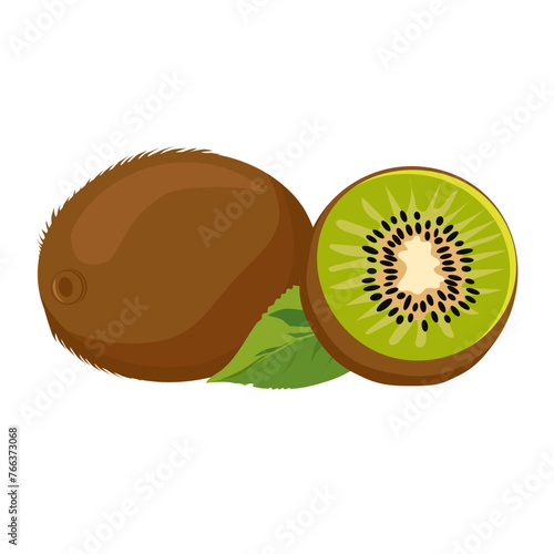 Healthy green kiwi with half on white background. Isolated vector summer fruit in flat style.