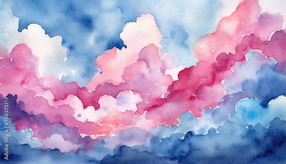 Watercolor illustration of cloudy sky in blue pink colors. Hand drawn