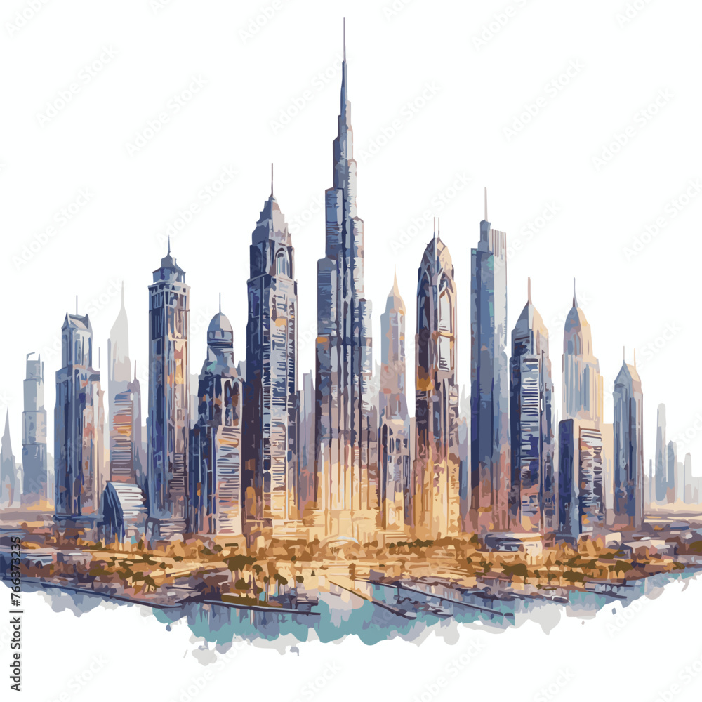 Dubai skylines Watercolor, Urban Painting illustration