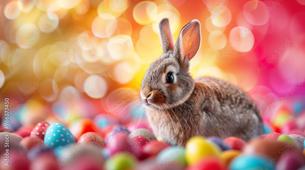 A cute brown rabbit nestled among colorful Easter eggs with a bokeh background, symbolizing Easter celebrations and springtime festivity A cute brown rabbit nestled among colorful Easter eggs with a bokeh background, symbolizing Easter celebrations and springtime festivity