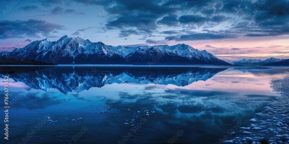 A beautiful blue lake with mountains in the background. The sky is a mix of blue and orange, creating a serene and peaceful atmosphere