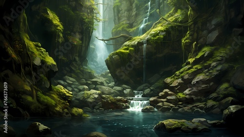 A hidden waterfall tucked away in the depths of the forest, surrounded by lush vegetation and moss-covered rocks.