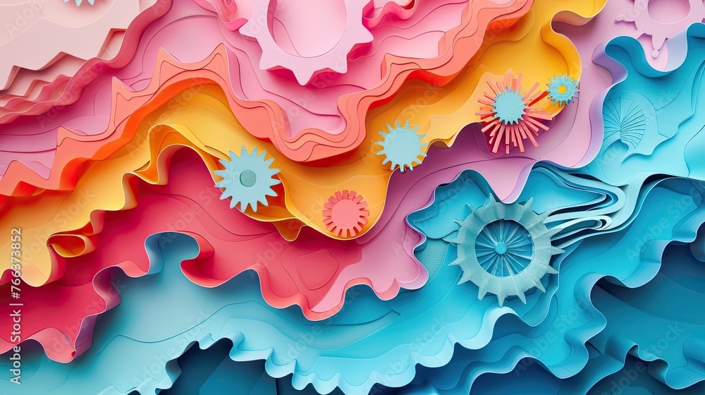 Vibrant Layered Shapes in Fluid Digital Kaleidoscopic Composition