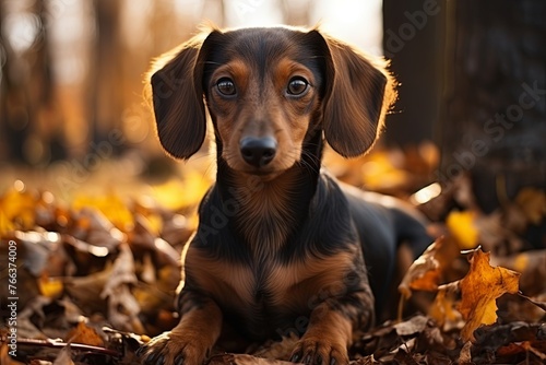 Beautiful brown dachshund dog in the park. The dog is resting. Walking with a dog in a city park, Generative AI. © Анатолий Савицкий