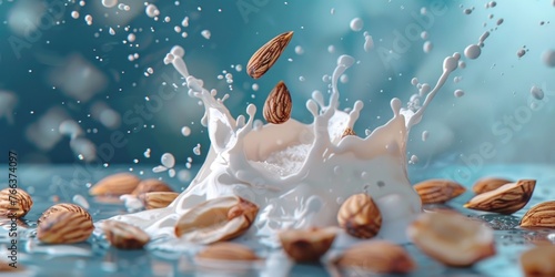 A splash of milk with almonds floating in it. Concept of freshness and indulgence, as the milk and almonds are a popular combination in many desserts and beverages