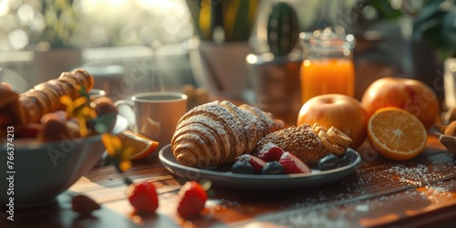 A plate of croissants and fruit is on a wooden table. The croissants are covered in powdered sugar and the fruit includes strawberries and oranges