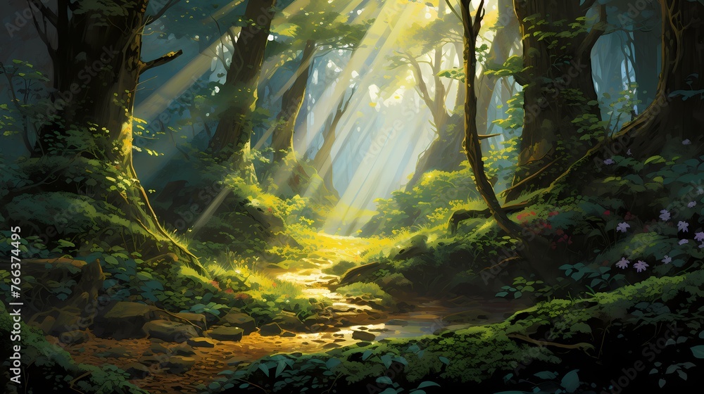 A hidden grove within the forest, where beams of sunlight pierce through the dense canopy, illuminating the lush undergrowth.