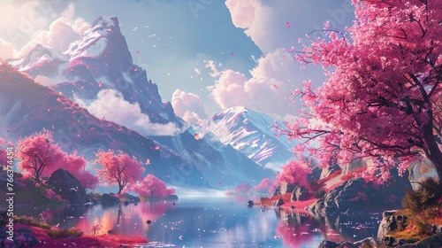 Magnificent Mountain Landscape with Blooming Cherry Blossom Trees and Serene Lake Reflection