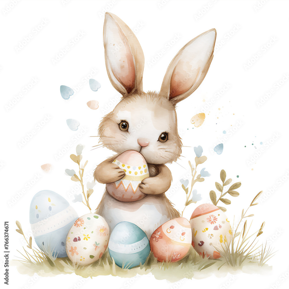 Easter bunny holding Easter egg in the meadow with spring flowers and colorful eggs. Watercolor illustration on white background Easter bunny holding Easter egg in the meadow with spring flowers and colorful eggs. Watercolor illustration on white background