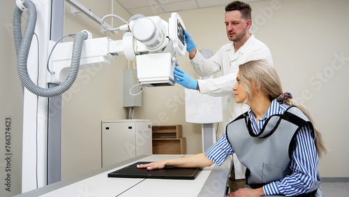 A specialist radiologist doctor installs an x-ray scanner for a patient. Medical research  injury and treatment concept.