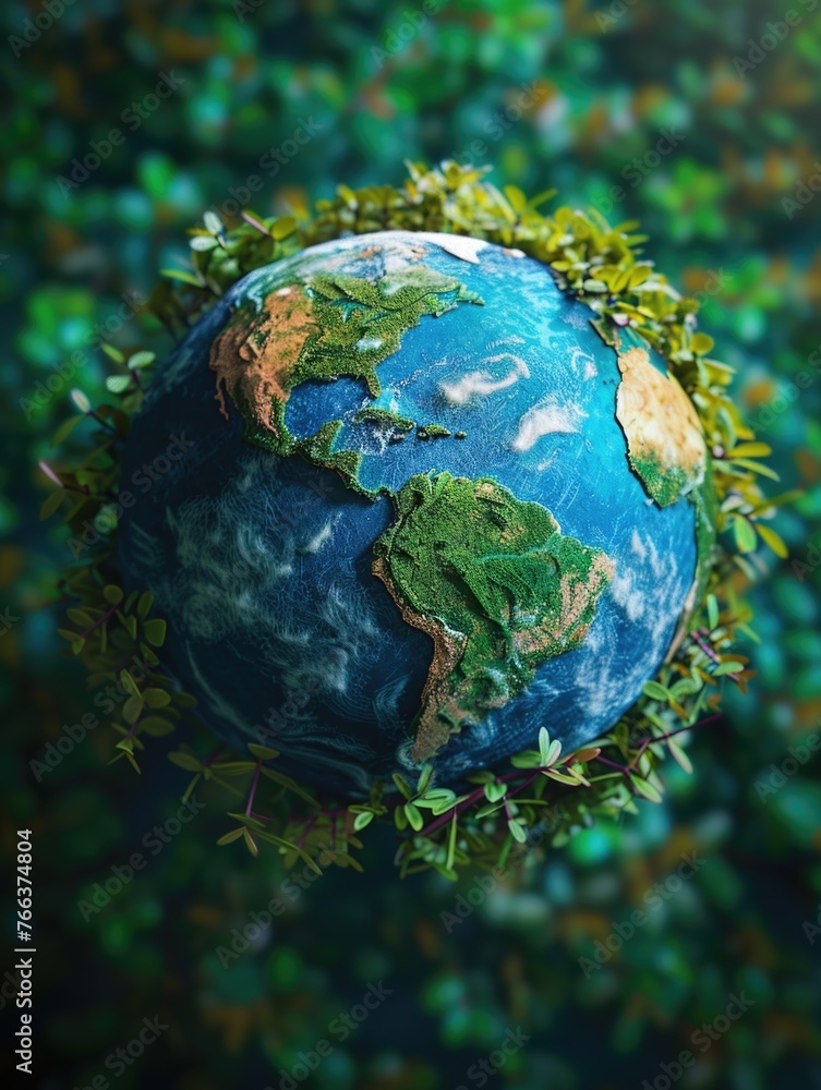 A small globe with green leaves surrounding it A small globe with green leaves surrounding it