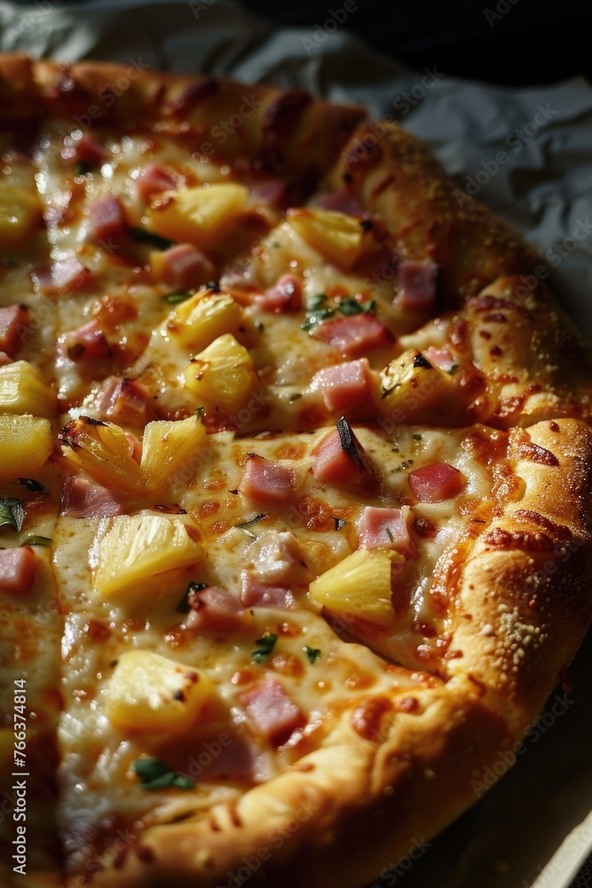 A pizza with pineapple and ham toppings. The pizza is on a paper plate. The pizza is golden brown and has a crispy crust A pizza with pineapple and ham toppings. The pizza is on a paper plate. The pizza is golden brown and has a crispy crust