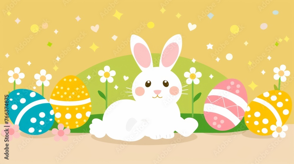 Illustrate a festive scene for an Easter greeting card, with a whimsical Easter bunny surrounded by colorful eggs Illustrate a festive scene for an Easter greeting card, with a whimsical Easter bunny surrounded by colorful eggs