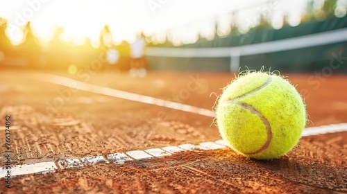 Illustrate a dynamic composition depicting a tennis ball bouncing on the clay court mid-point, with blurred background suggesting photo
