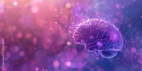 A brain is shown in a purple and pink background with a lot of sparkles. The brain is surrounded by a lot of light and it looks like it is floating. Scene is one of wonder and curiosity